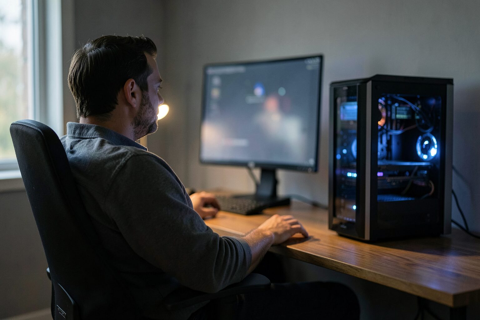 A person in a modern home office with a glowing high-performance PC tower and a blurred monitor.