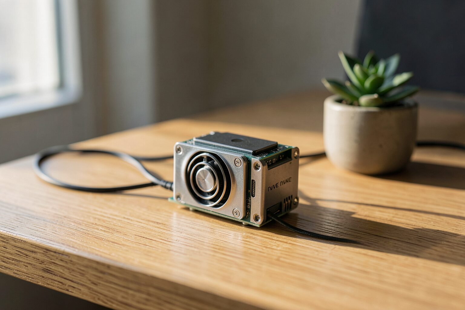 A small single-board computer with a cooling fan and SSD on a wooden desk in natural light.