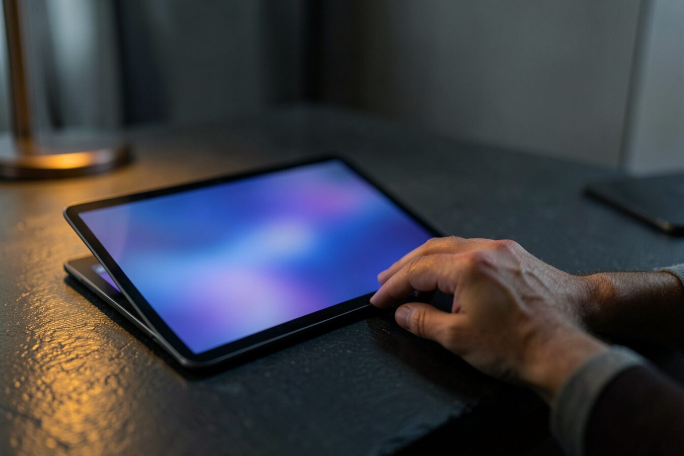 Close-up of a hand next to a blurred tablet screen on a dark desk with warm lamp lighting.