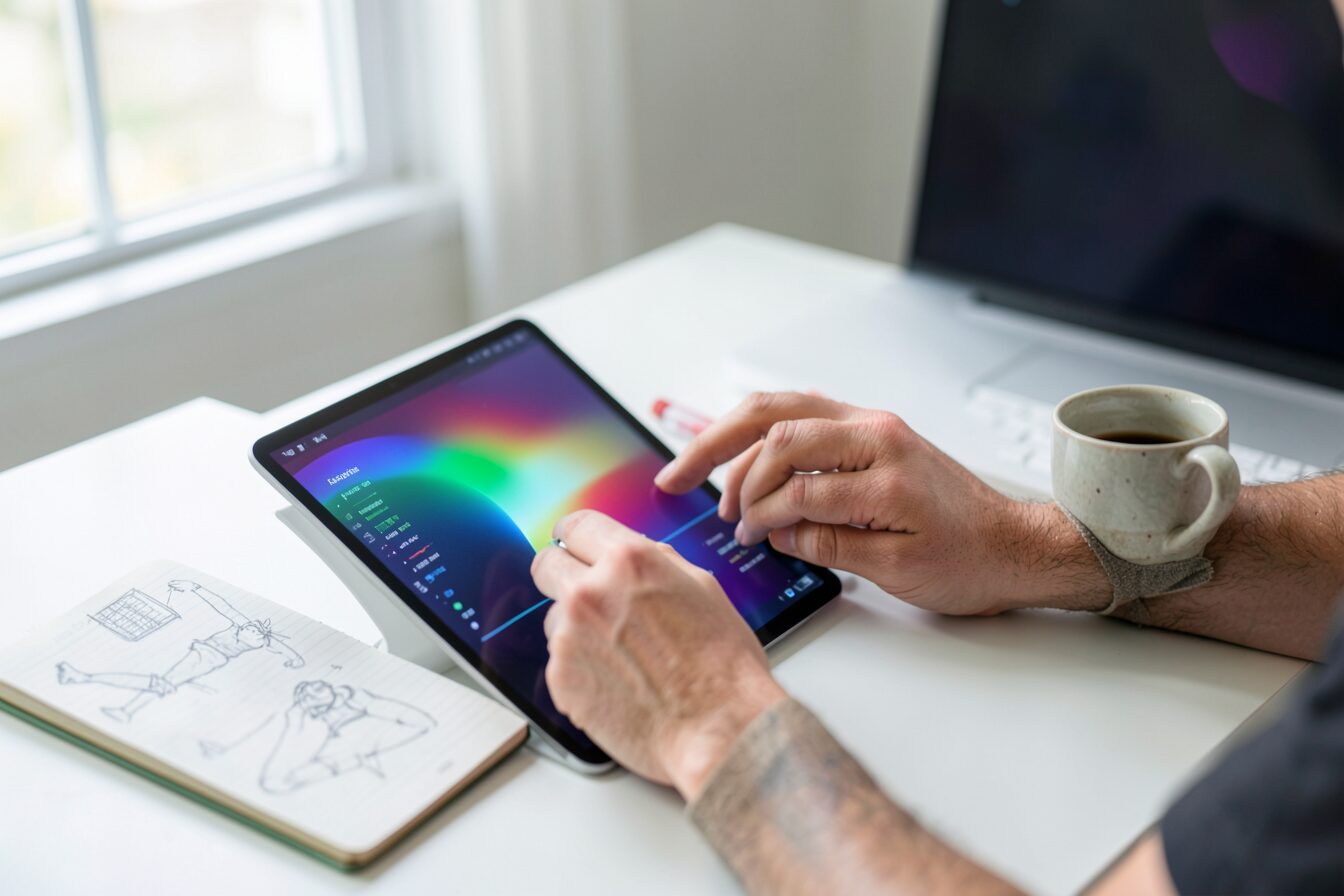 Close-up of hands using a tablet with abstract data visualizations and a notebook on a bright desk.