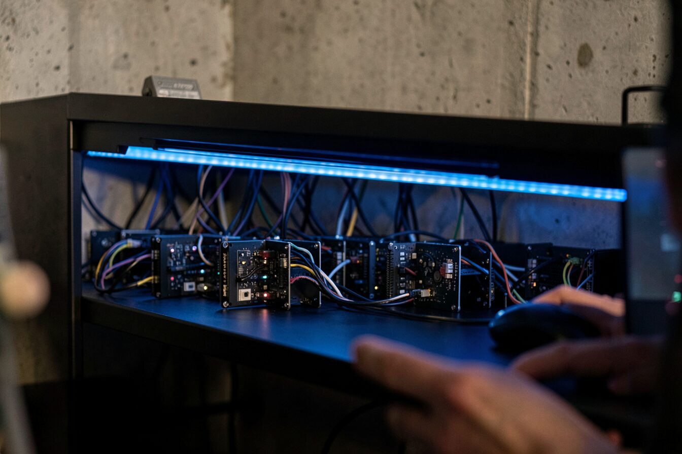 A cluster of small computing nodes on a black shelf with cool blue accent lighting.