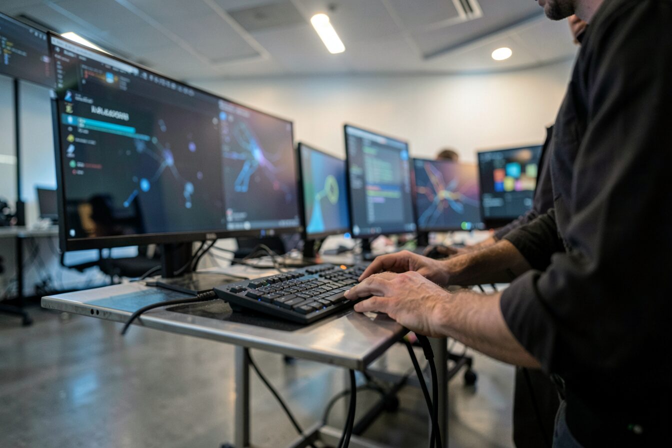 A wide shot of a technical workstation with multiple blurred monitors and a person managing hardware.
